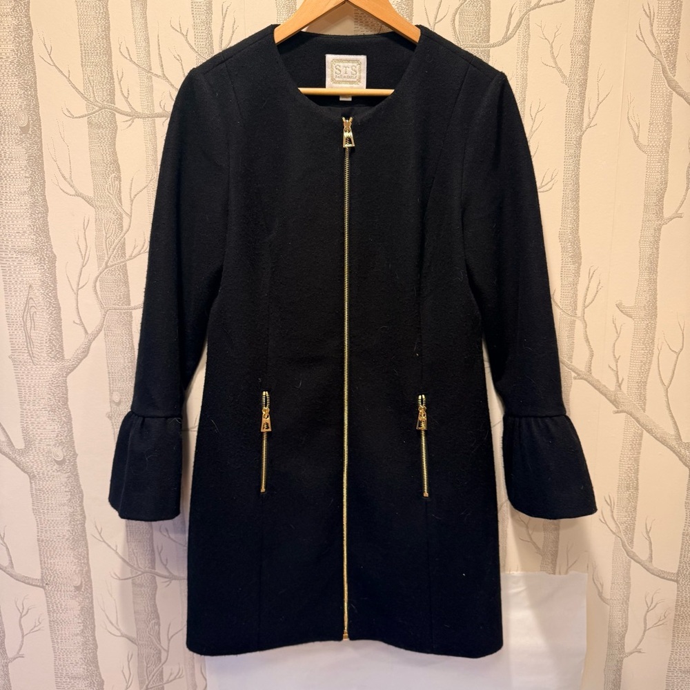 Sail to Sable Bell Sleeve Black Trench Coat with Gold Accents-Medium